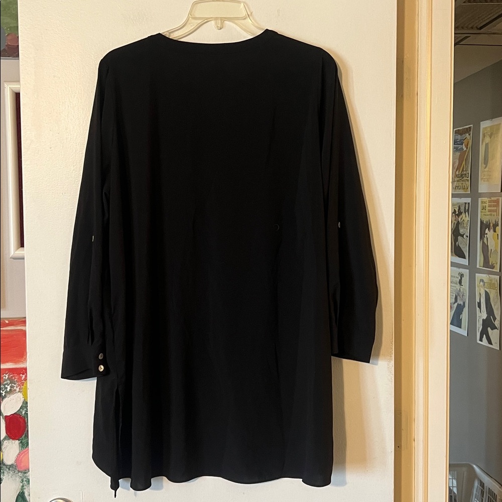 Susan Graver collarless black tunic length blouse - Picture 5 of 8